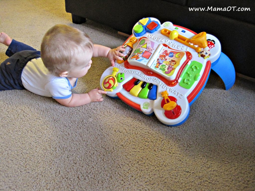 Take two or all four legs off of a baby play table in order to make play time on the floor easier and more developmentally-appropriate for your young baby. This post has 30 OT life hacks designed to make life easier for kids and their grown ups! #OTlifehack